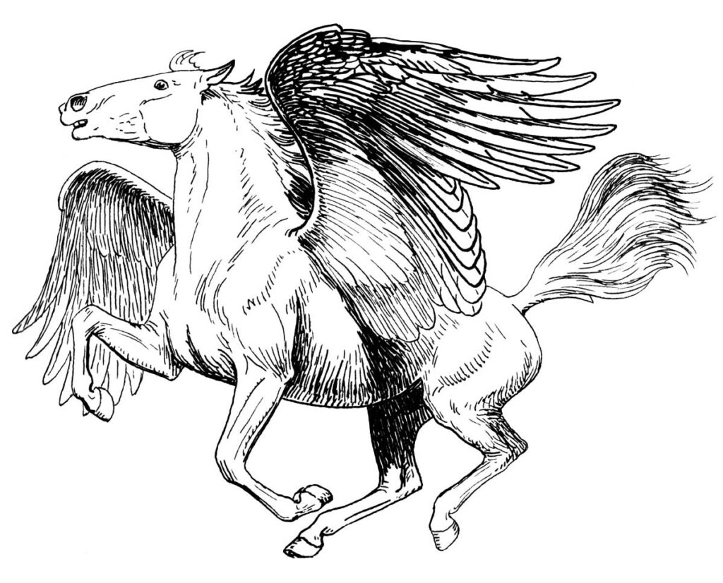 Pegaso es un caballo alado que nació de la sangre de Medusa y una de las criaturas mitológicas más famosas.