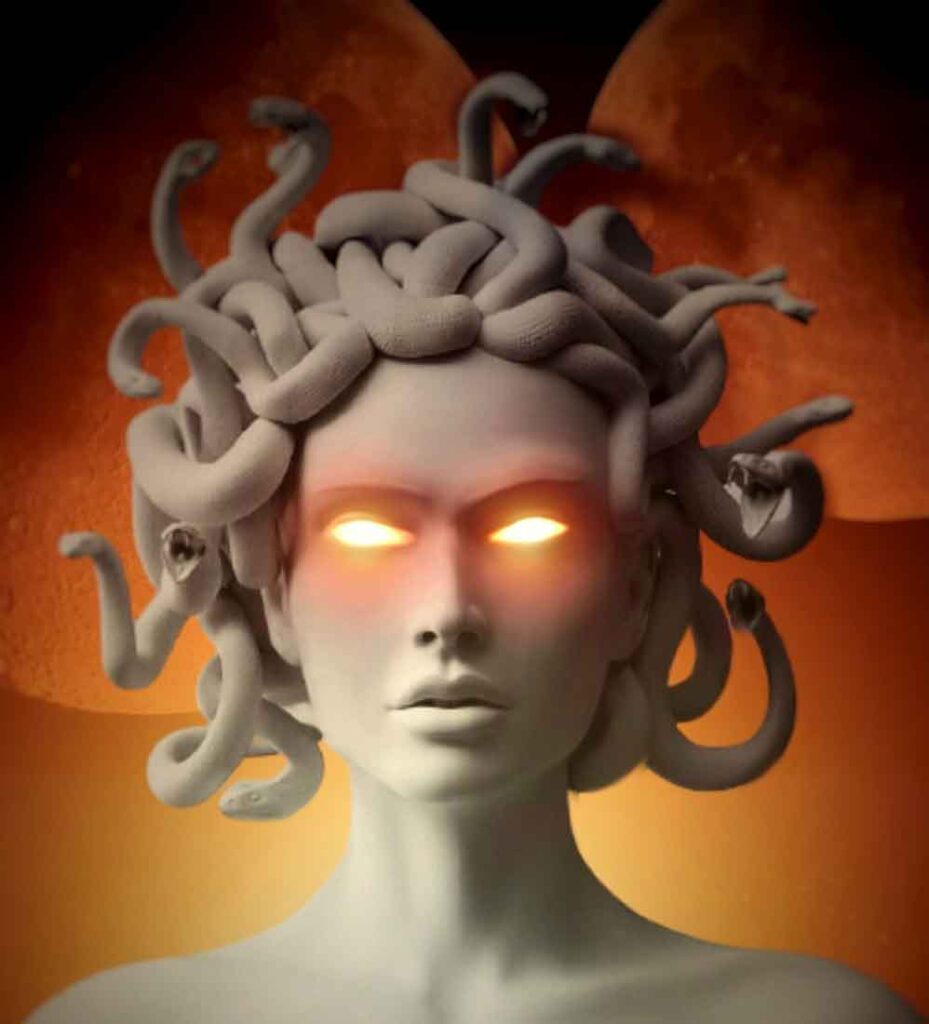 Medusa con serpientes en la cabeza en la mitología griega.
